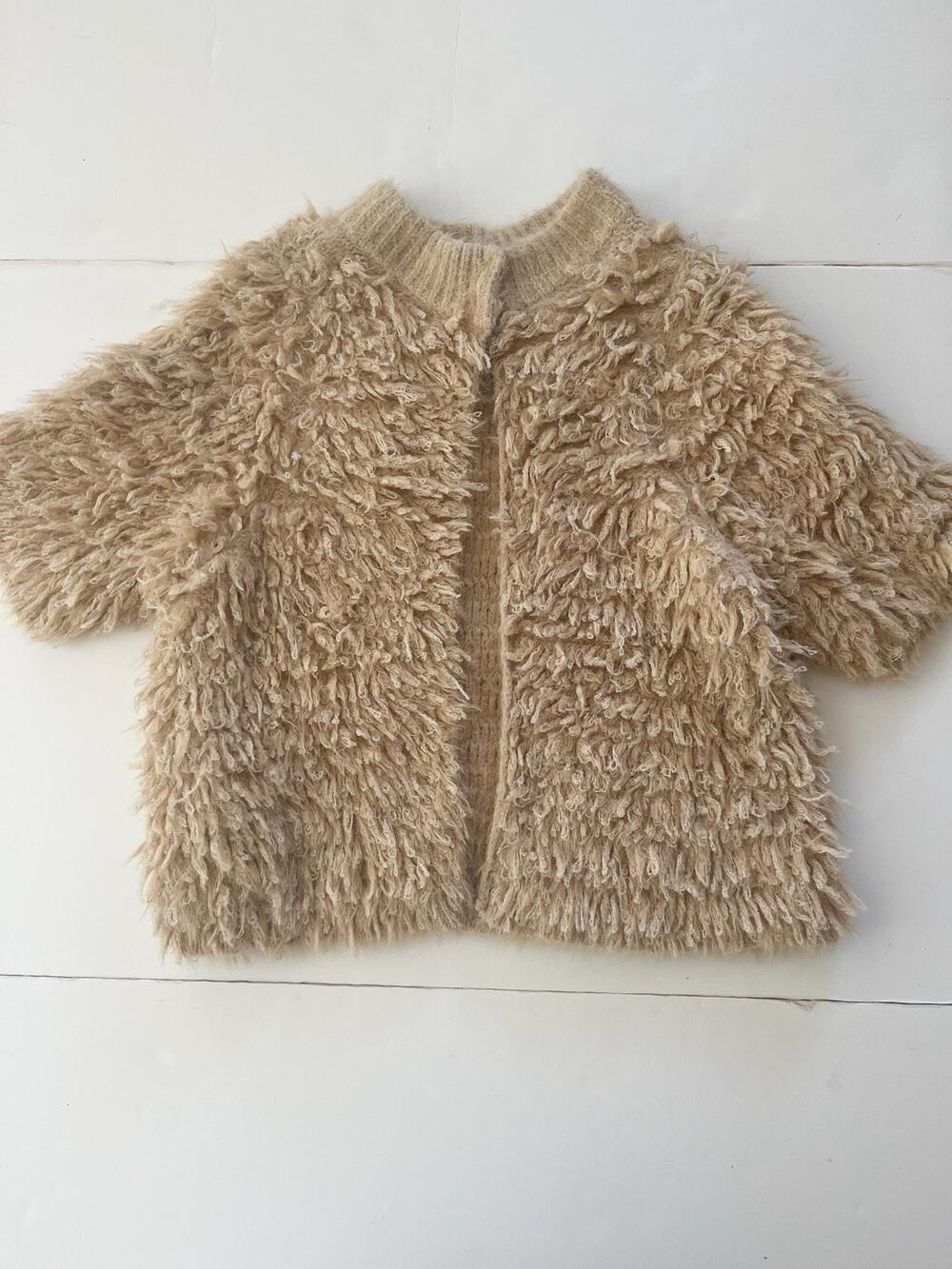 Anthropologie Cardigan Womens M Beige Shaggy Fringe Short Sleeve Open Knit Fuzzy
